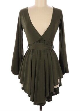 Olive Green Long-Sleeve Deep V- Neck Skater Dress